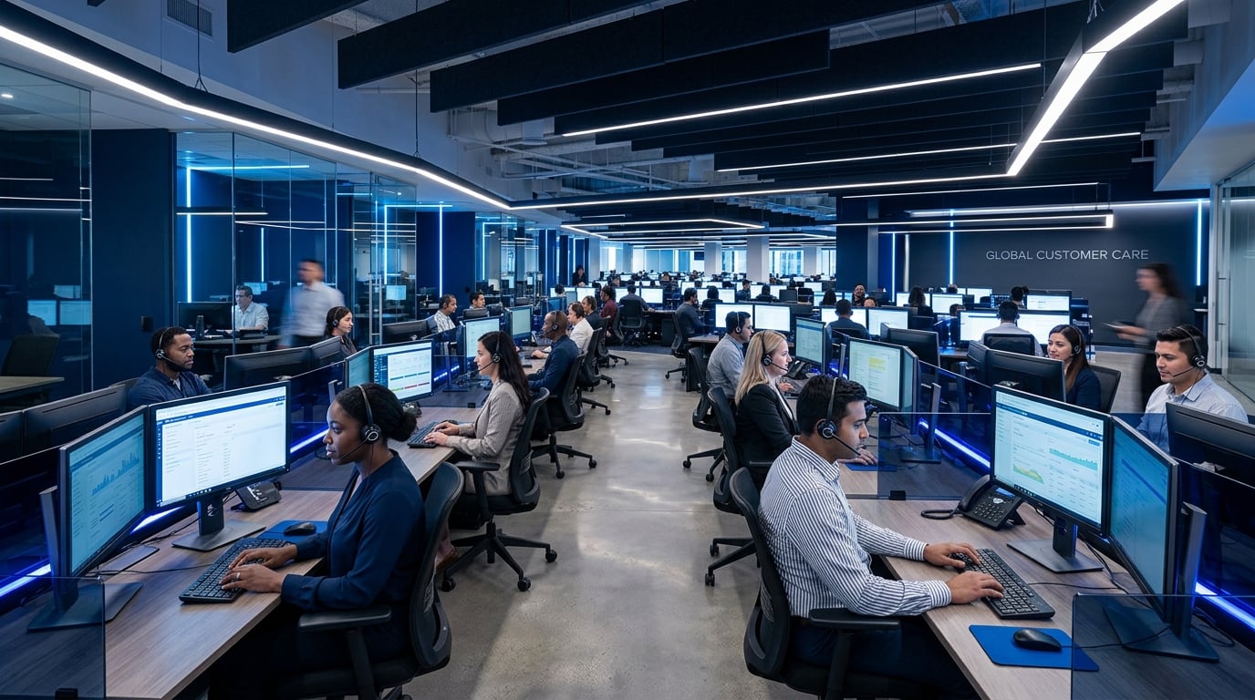 247 Call Agent AI voice agents answering customer calls in a modern operations centre